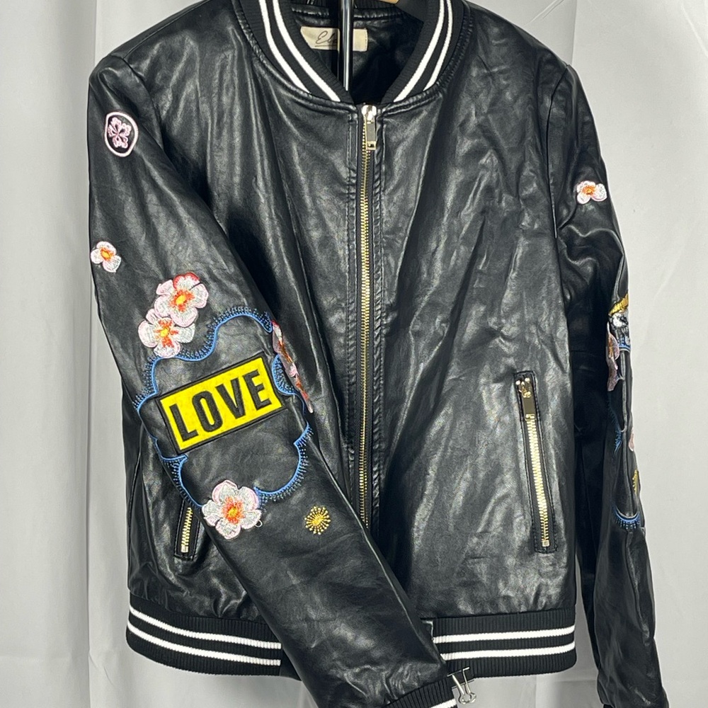 Elan Black Faux-Leather Jacket w/bold patches of Tiger, Love, Flowers